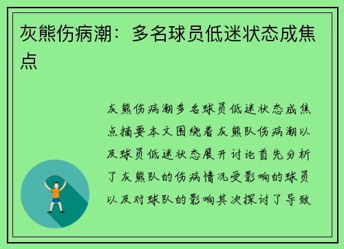 灰熊伤病潮：多名球员低迷状态成焦点